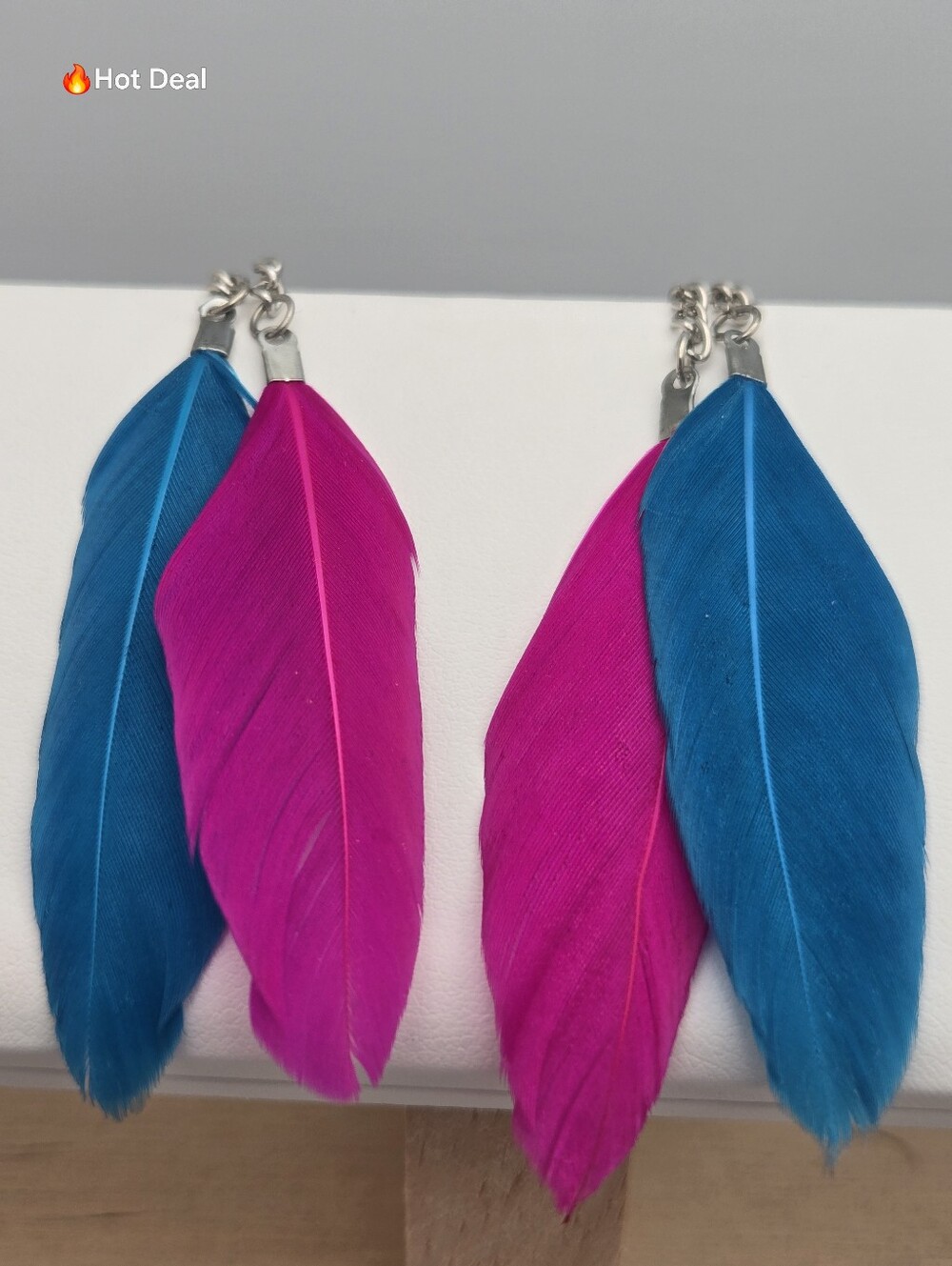 ✨2/$10✨ Feather Dangle Earrings Pink Blue Purple Silver Tone 3.5" Boho Tiered
